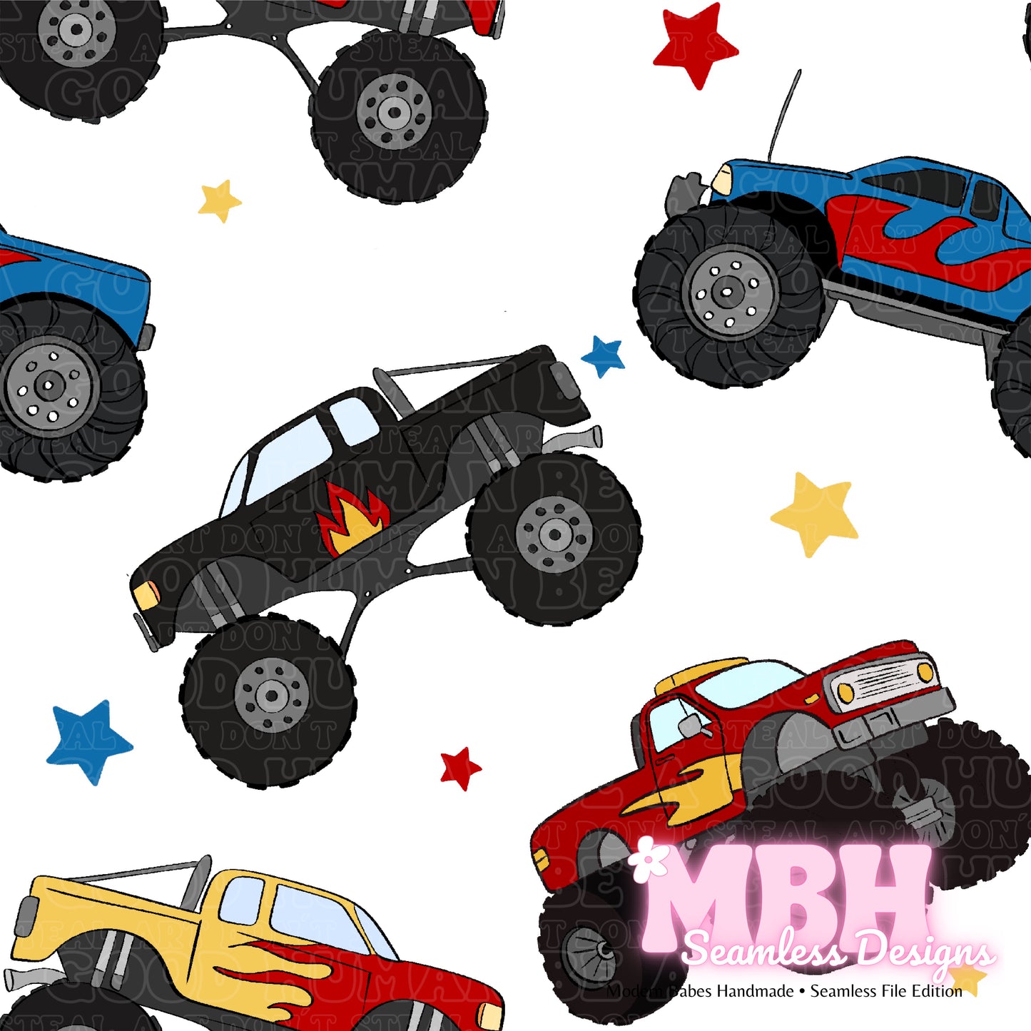 Starry Monster Trucks Seamless Pattern