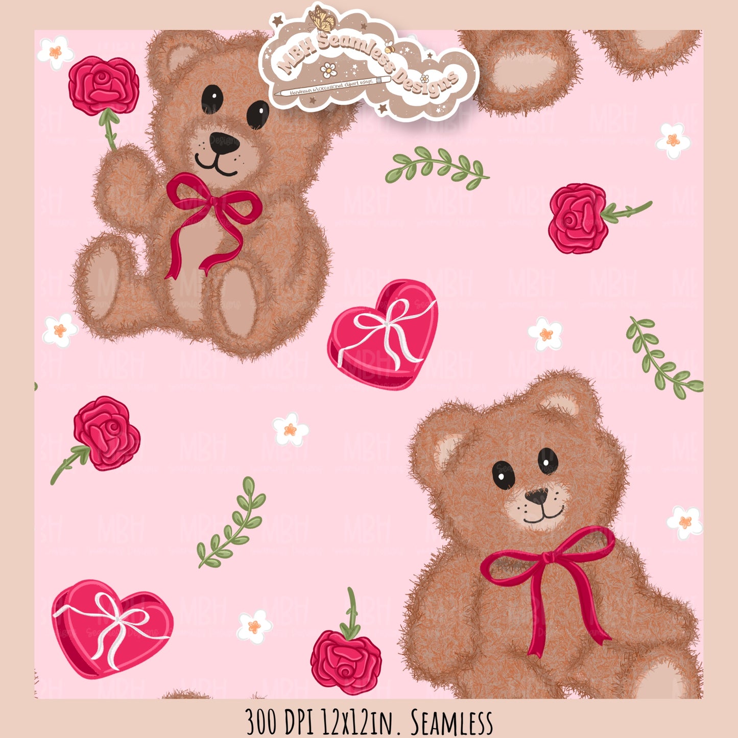 Teddy Bears & Roses Seamless Pattern // PNG // Assorted Colorways