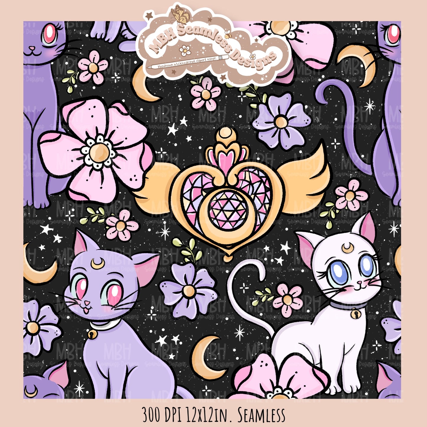 Sailor Moon Cats Seamless Pattern // PNG // MULTIPLE COLORWAY OPTIONS