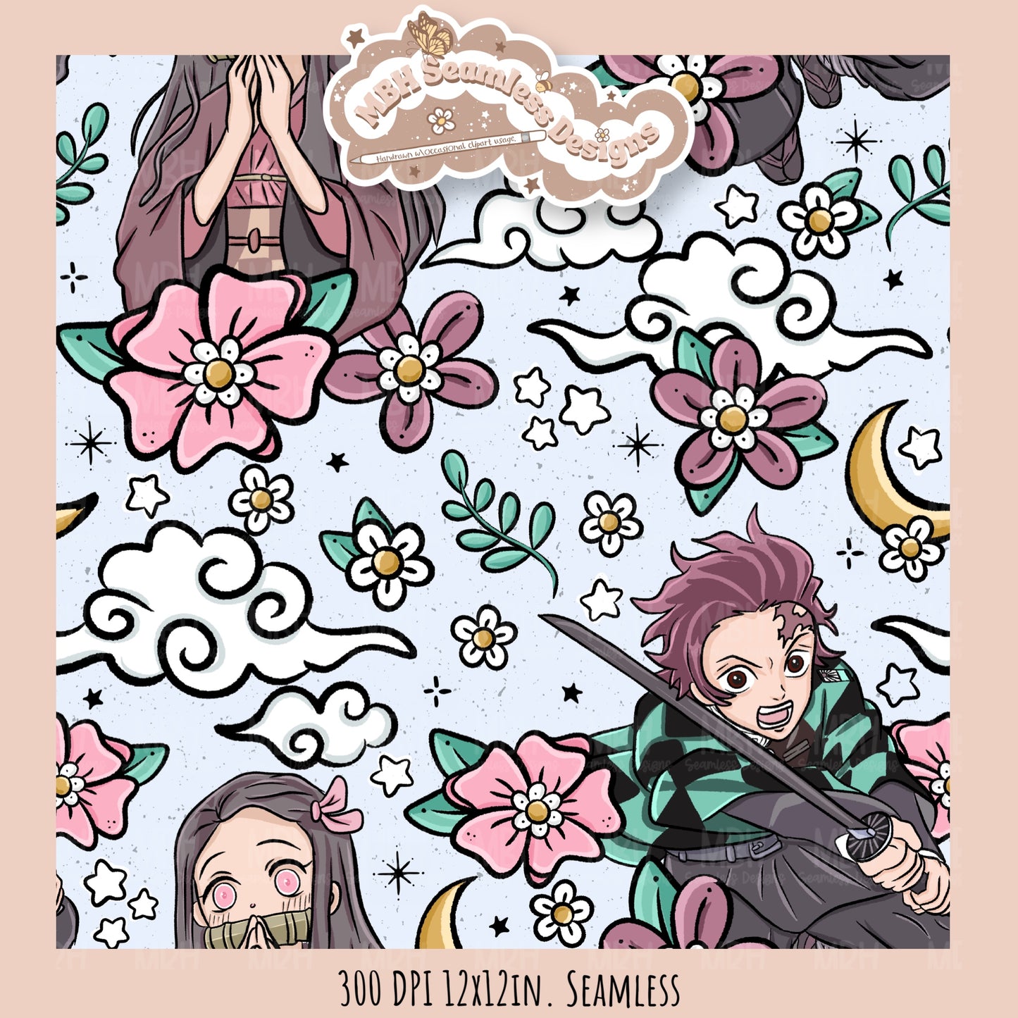 Tanjiro Nezuko Floral Seamless Pattern // MULTIPLE COLORWAY OPTIONS