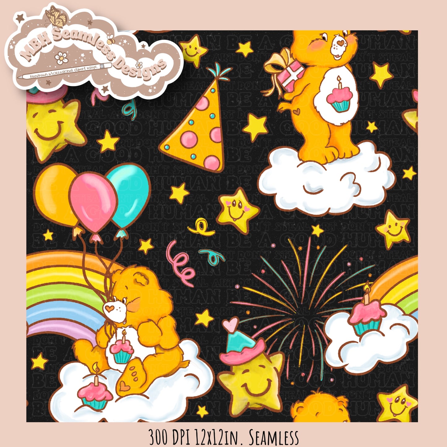 Birthday Care Bear Seamless Pattern & PNG MULTIPLE COLORWAY OPTIONS