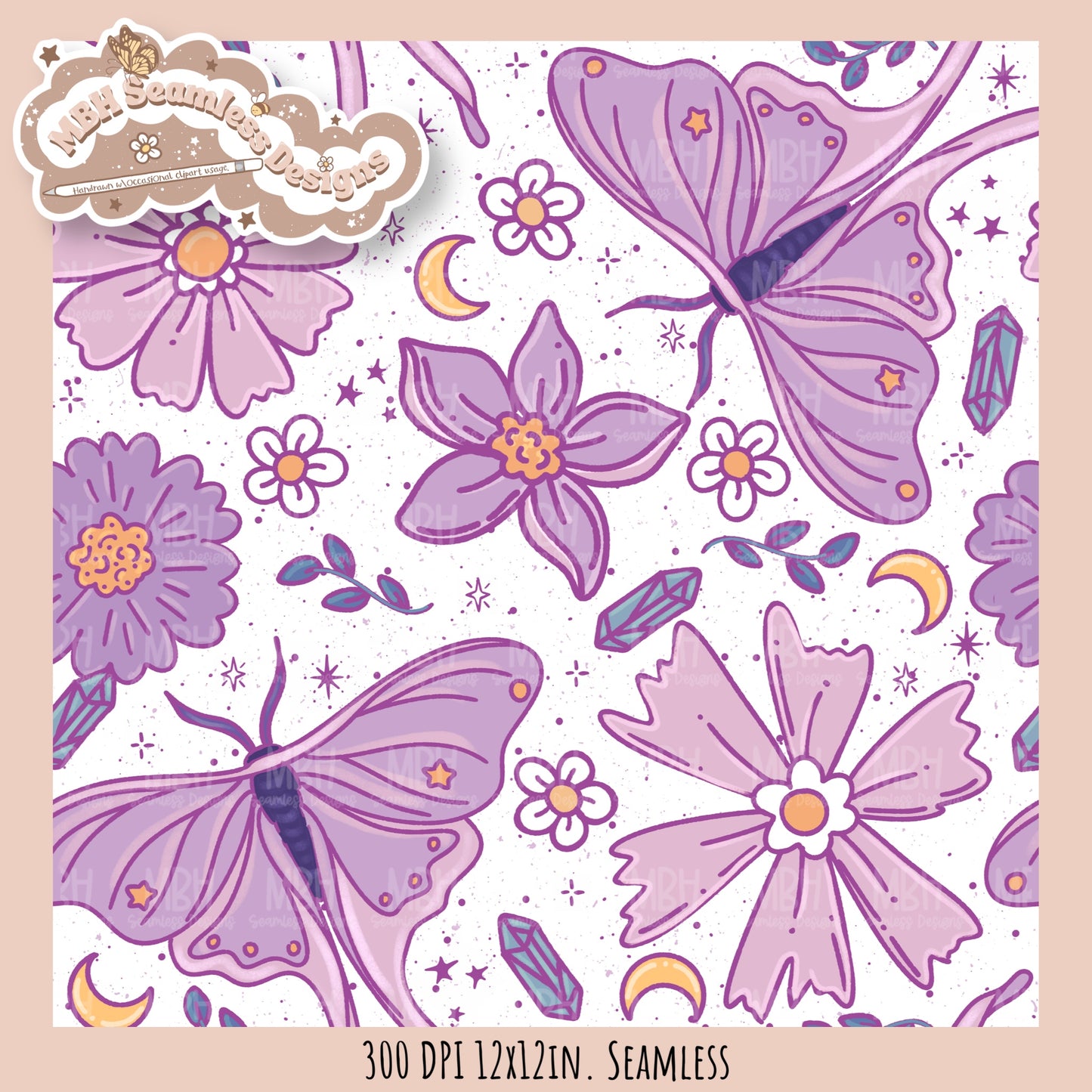 Starry Night Floral Luna Moths Seamless Pattern // PNG//  MULTIPLE COLORWAYS