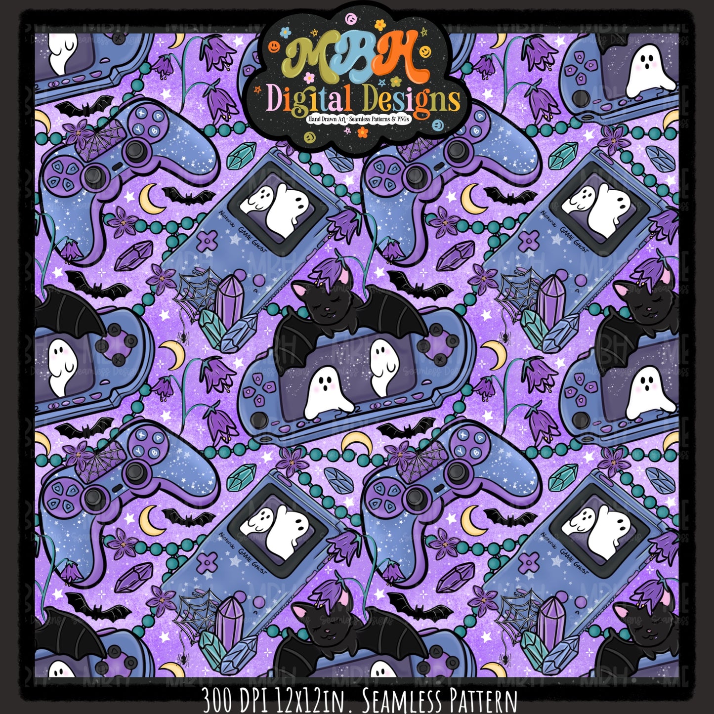 Spooky Gamer Seamless Pattern// PNG// MULTIPLE COLORWAYS