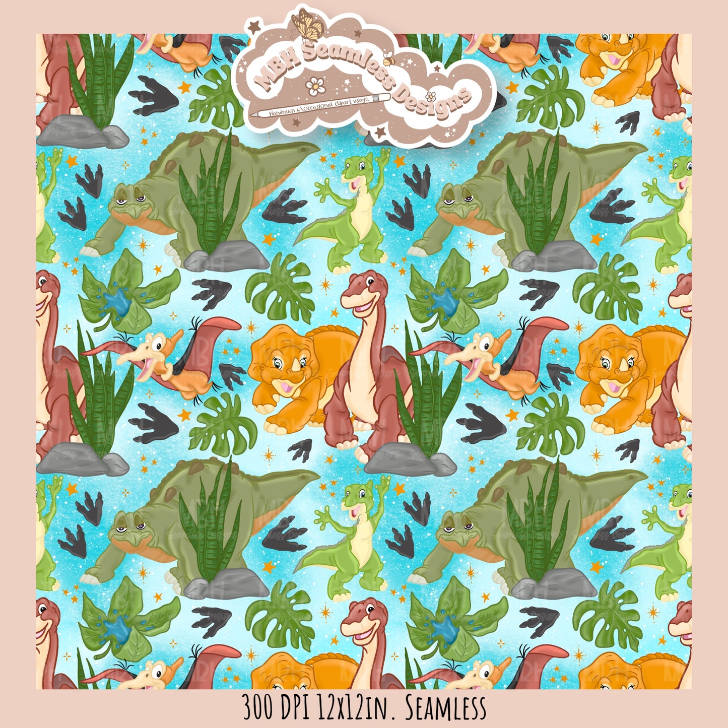 Starry LBT Dinosaurs Seamless Pattern // Multiple Colorway Options