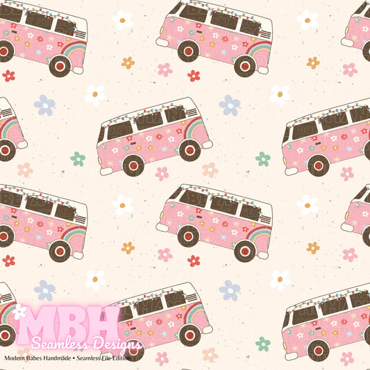 Holiday Hippie Bus Floral Seamless Pattern