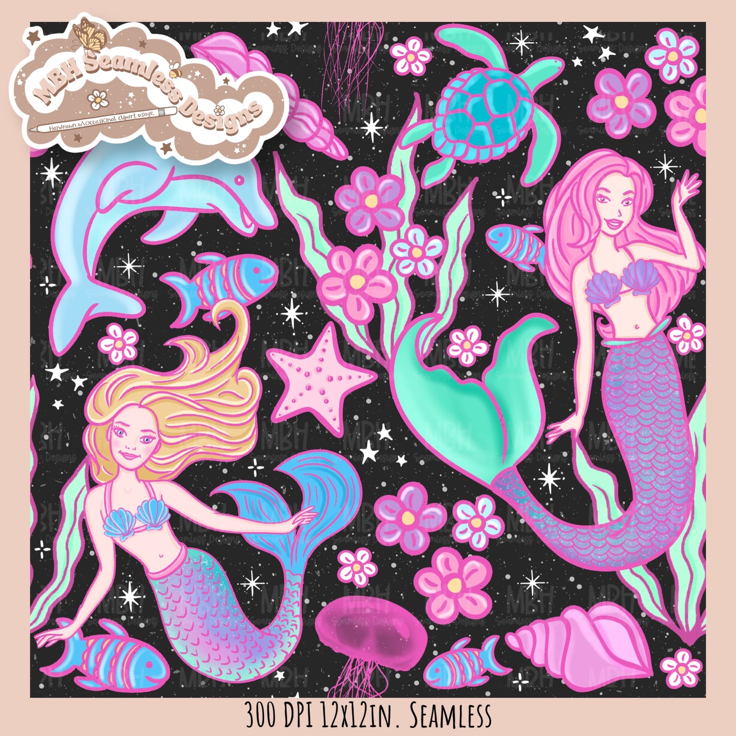 Barbie Mermaids Seamless Pattern //  MULTIPLE COLORWAYS