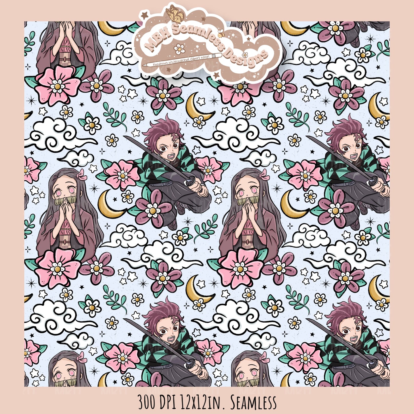 Tanjiro Nezuko Floral Seamless Pattern // MULTIPLE COLORWAY OPTIONS