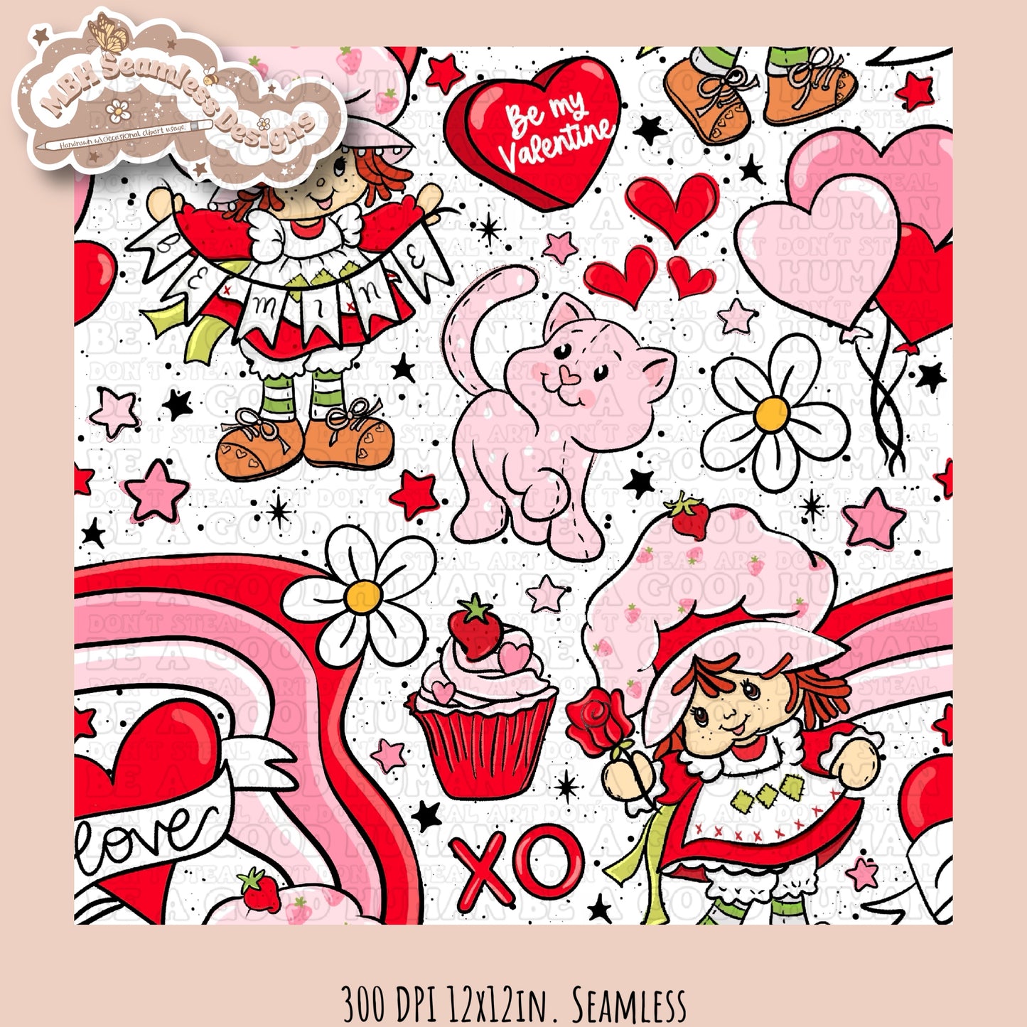 Strawberry Shortcake Valentine Seamless Pattern Multiple Colorways