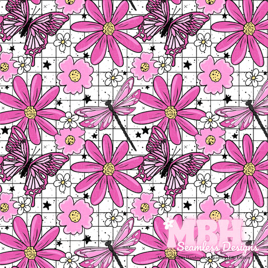 GRID Pink Butterfly Dragonfly Floral Seamless Pattern MULTIPLE COLORWAYS and COORDS