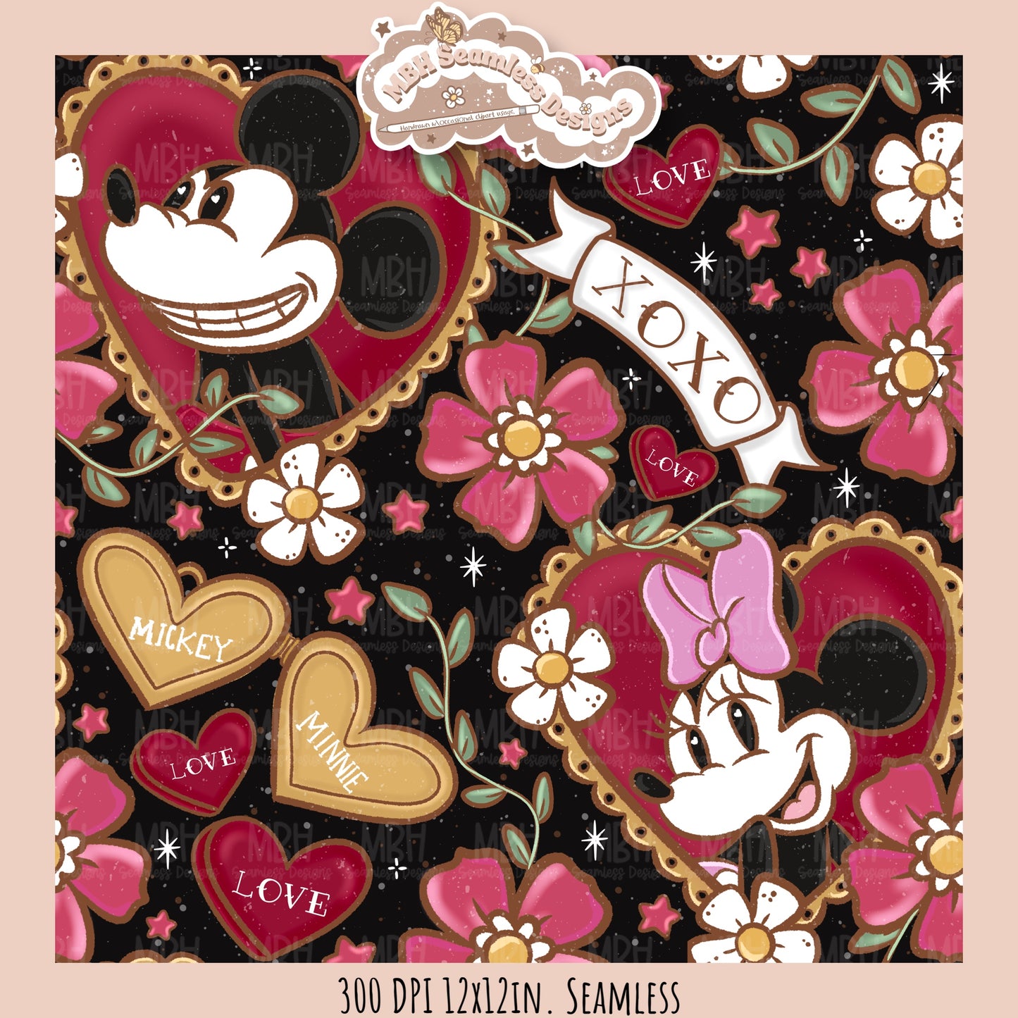 Tattoo FloralMouse Hearts Seamless Pattern // PNG //Multiple Colorways
