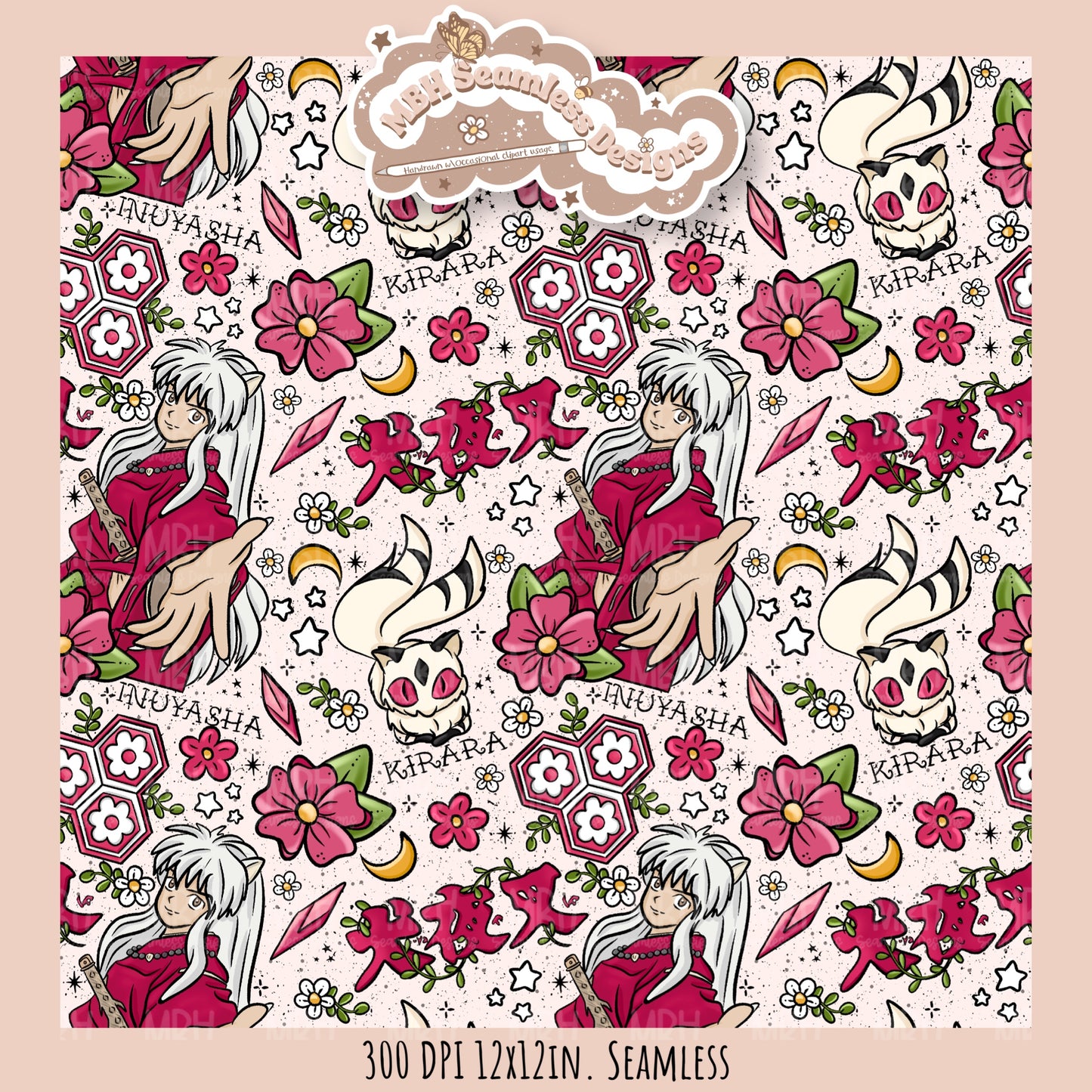 InuYasha Kirara Floral Seamless Pattern // PNG // MULTIPLE COLORWAY OPTIONS