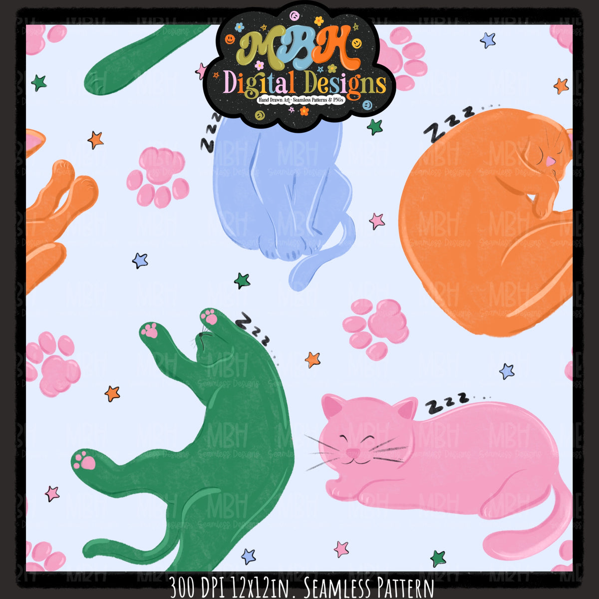 Retro Starry Sleepy Cats Seamless Pattern // PNG // MULTIPLE COLORWAYS