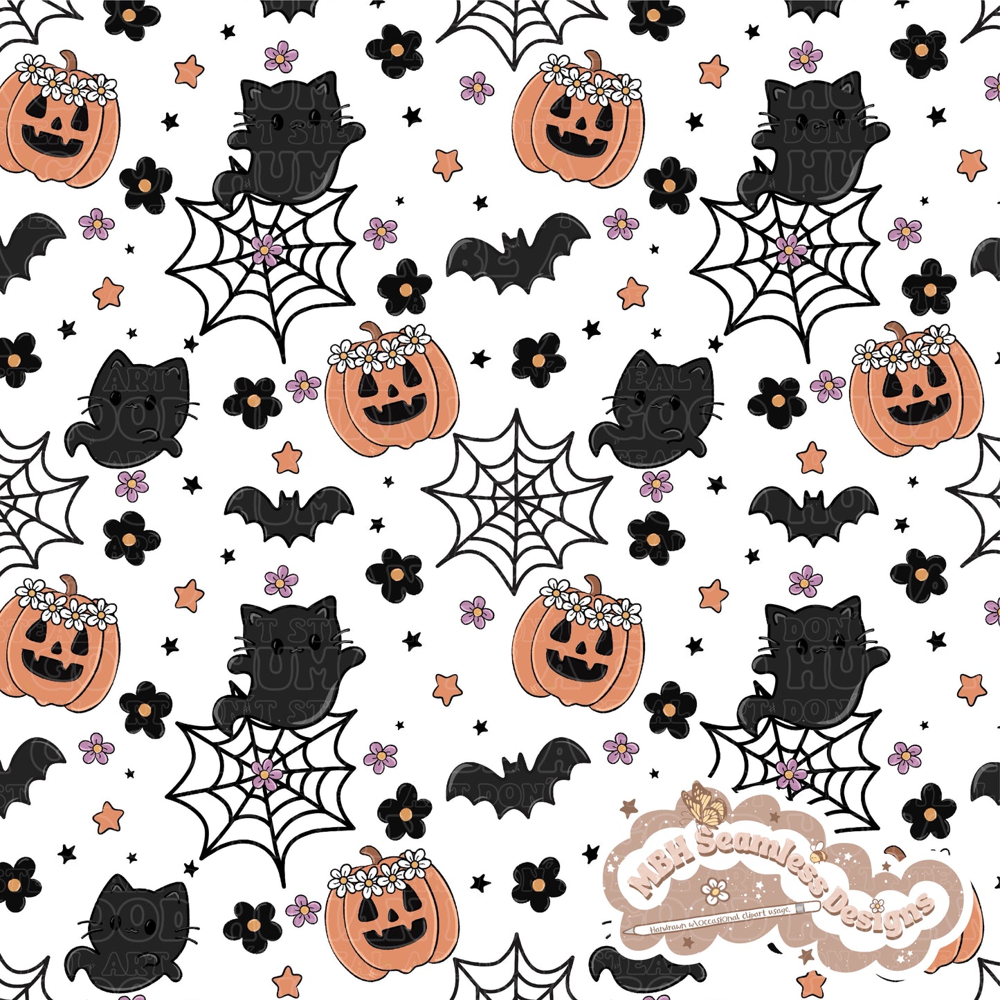 Spooky Floral Ghost Cats Seamless Pattern MULTIPLE COLORWAYS & COORD