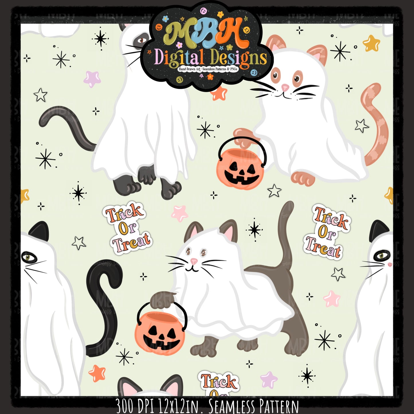 Starry Cat Ghosts Seamless Pattern // MULTIPLE COLORWAYS