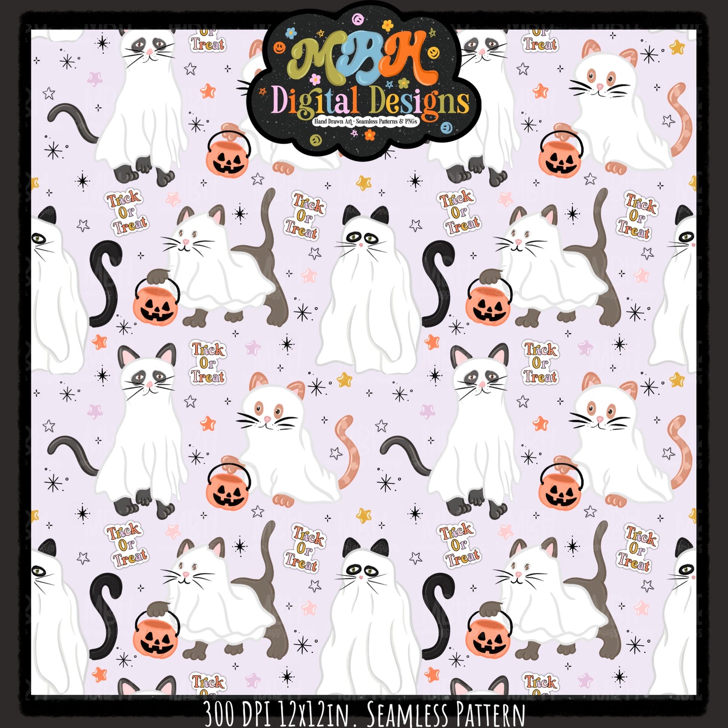 Starry Cat Ghosts Seamless Pattern // MULTIPLE COLORWAYS