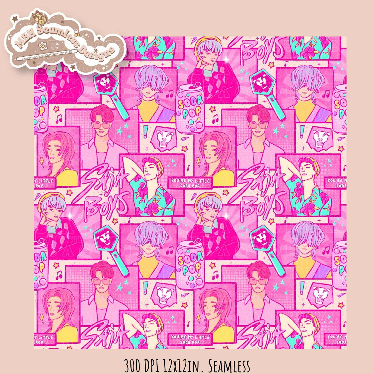 Pink Comic Soda Pop Boys Seamless Pattern // Assorted Colorway Options