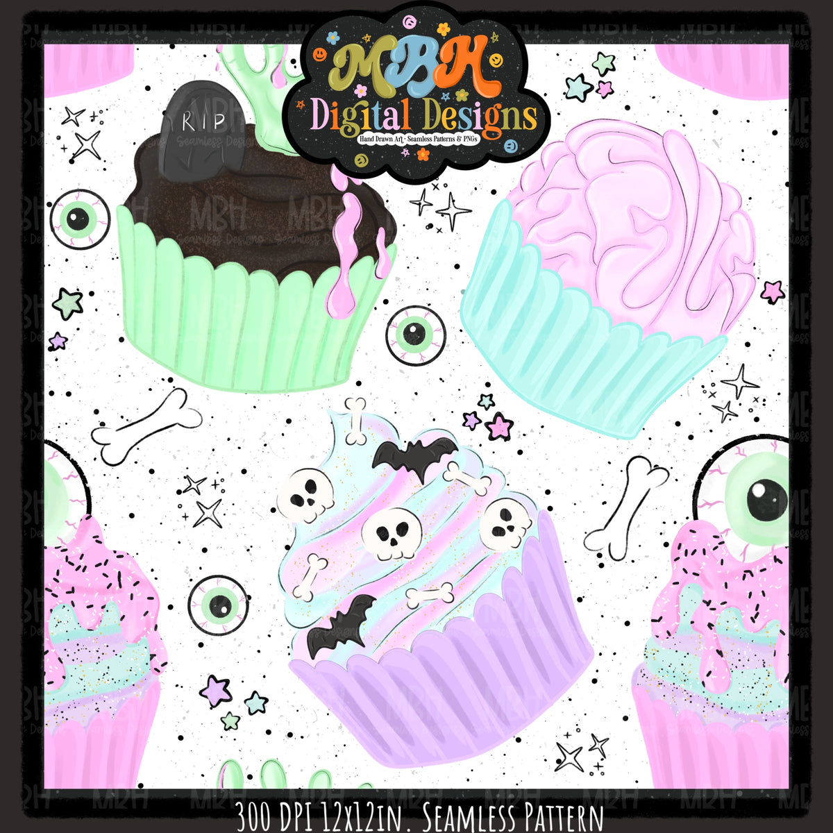 Pastel Creepy Cupcakes Seamless Pattern // PNG // MULTIPLE COLORWAYS