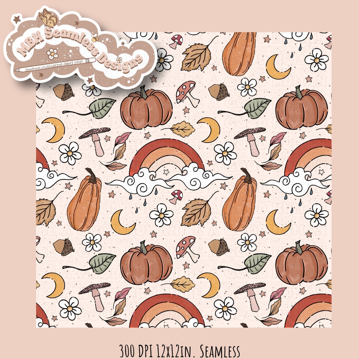 Boho Pumpkins Rainbow Shrooms Seamless Pattern MULTIPLE COLORWAYS