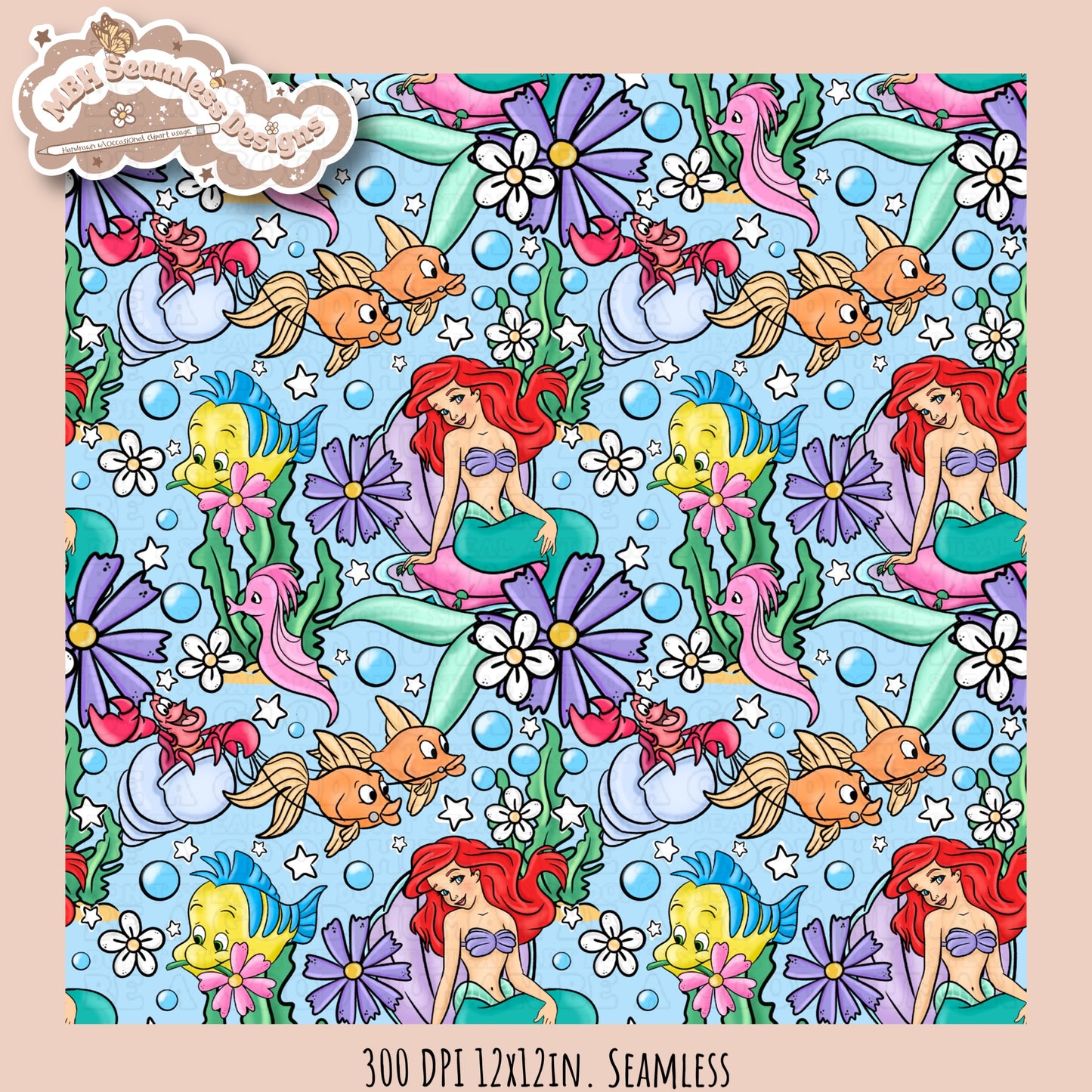 Little Mermaid Floral Seamless Pattern & PNG • MULTIPLE COLORWAY OPTIONS