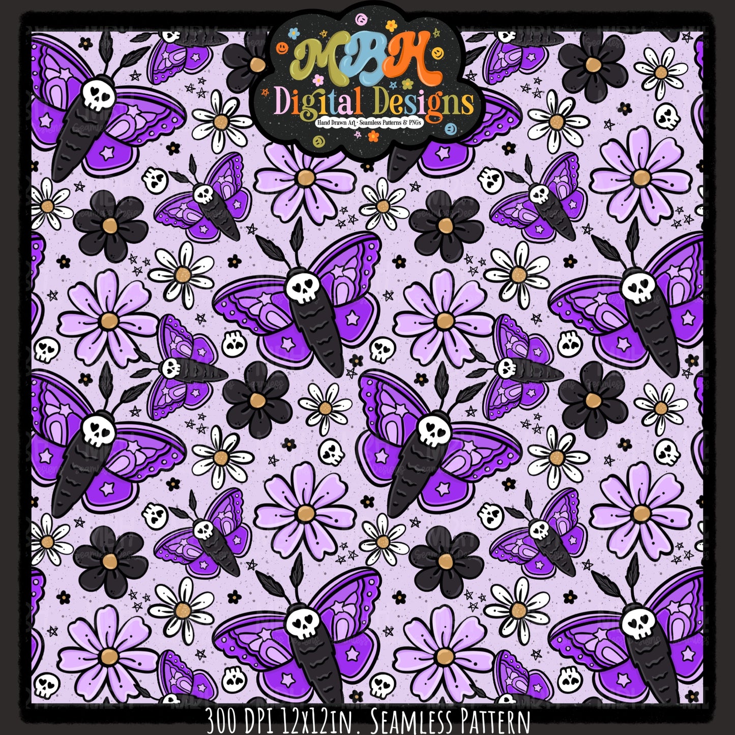 Purple Floral Death Moths Seamless Pattern // PNG // MULTIPLE COLORWAYS