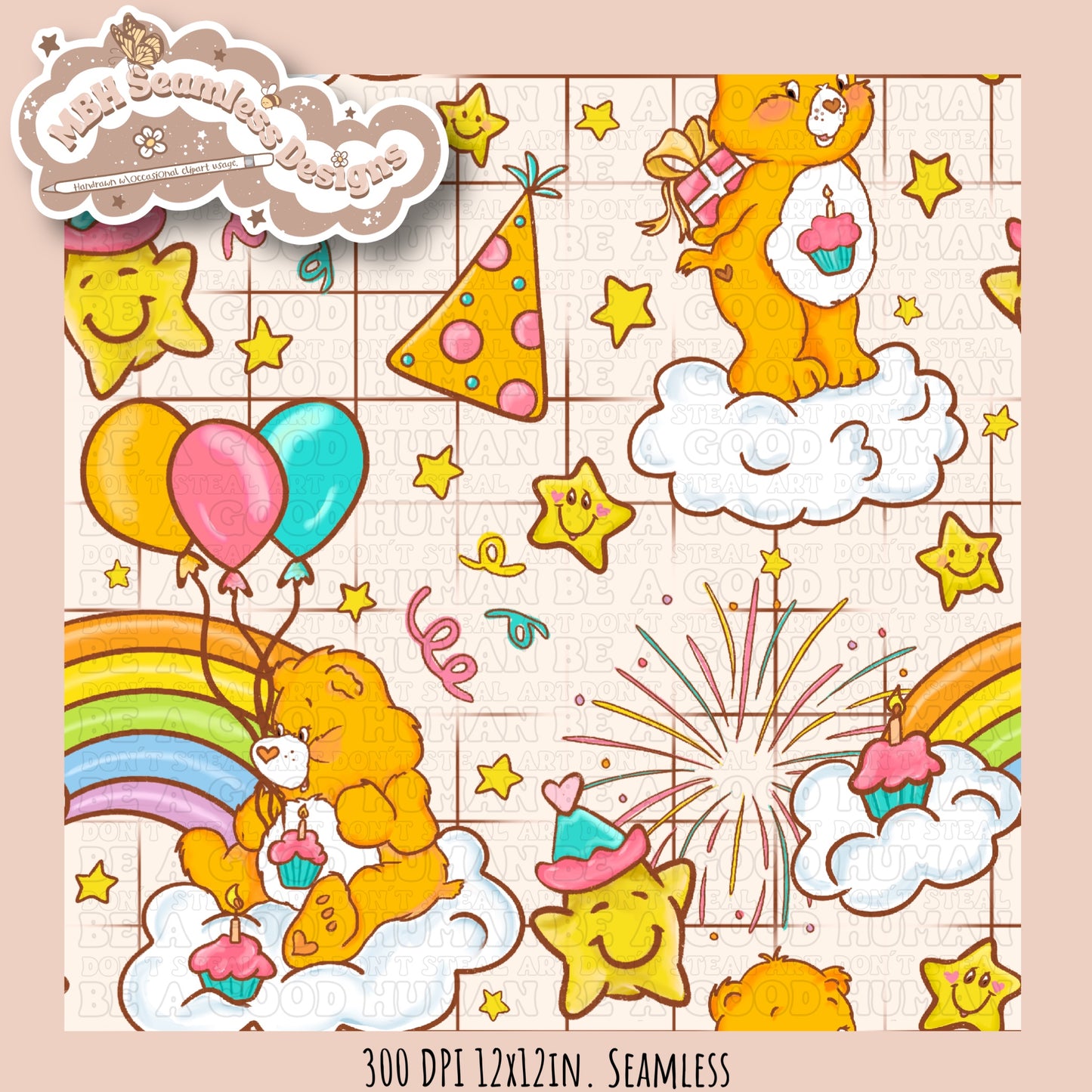 Birthday Care Bear Seamless Pattern & PNG MULTIPLE COLORWAY OPTIONS