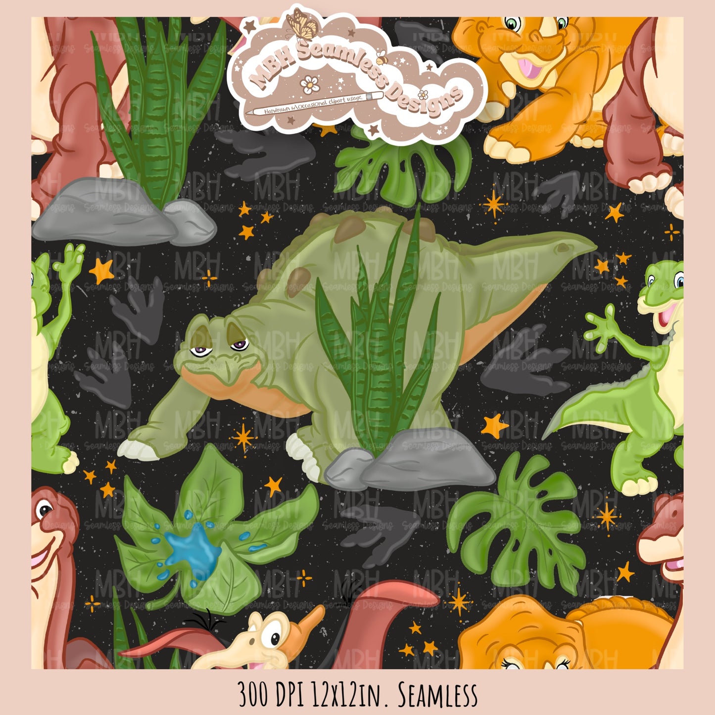 Starry LBT Dinosaurs Seamless Pattern // Multiple Colorway Options