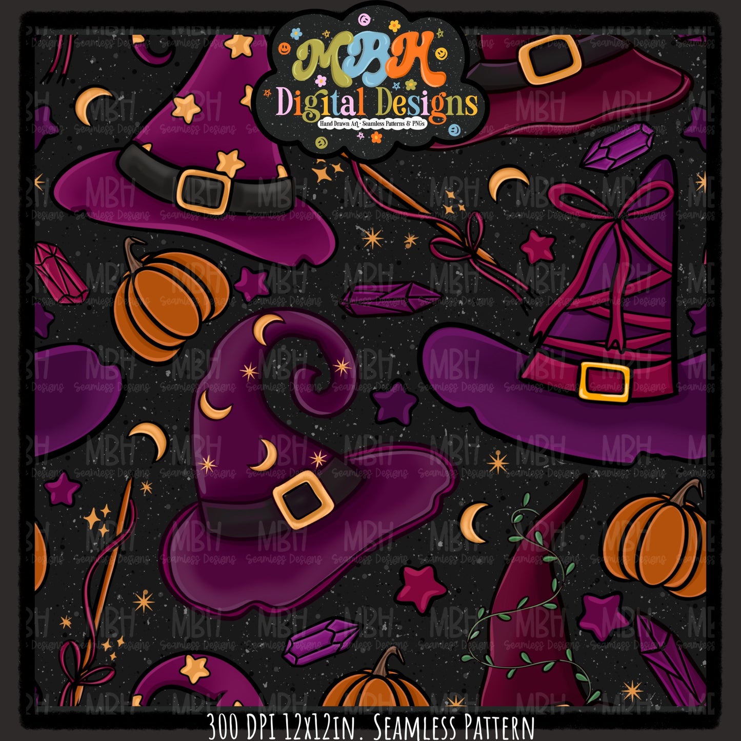 Witch Hats and Pumpkins Seamless Pattern // PNG // MULTIPLE COLORWAYS