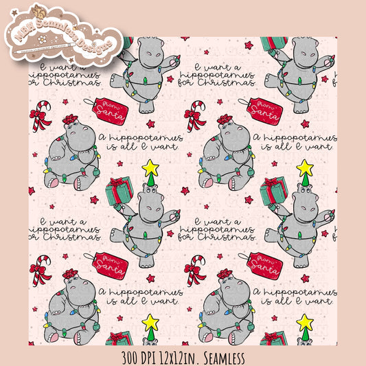 Hippopotamus Christmas Seamless Pattern MULTIPLE COLORWAYS