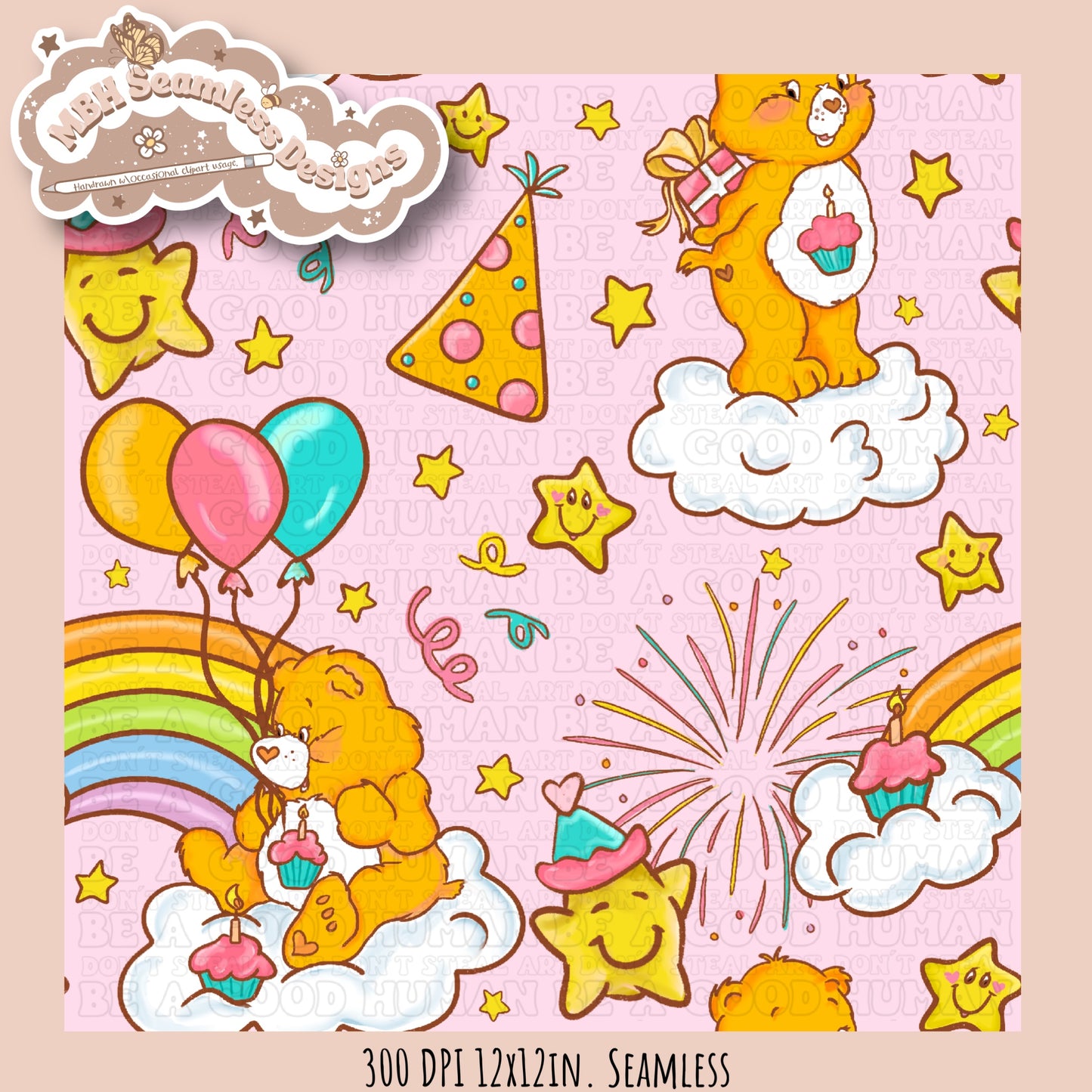 Birthday Care Bear Seamless Pattern & PNG MULTIPLE COLORWAY OPTIONS