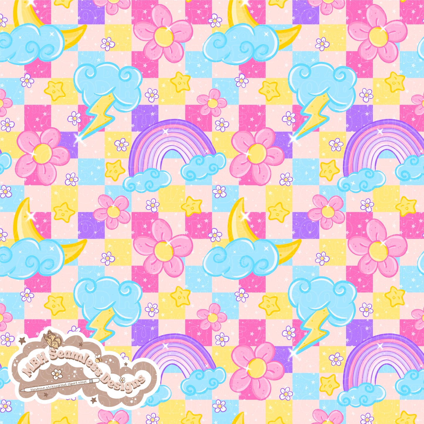 Checkered Starry Floral Rainbow Skies Seamless Pattern MULTIPLE COLORWAYS