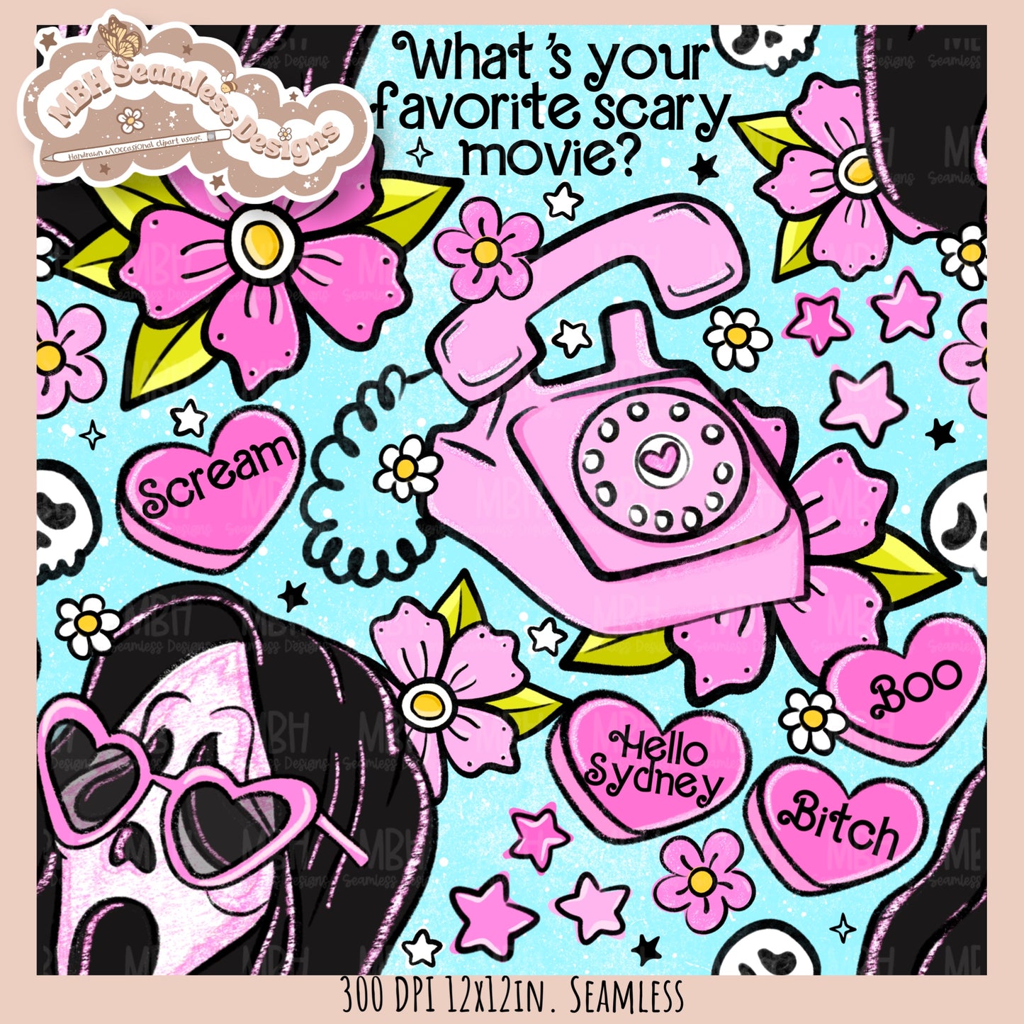 Glitter Tattoo Floral x Ghostface Seamless Pattern // PNG //Multiple Colorway Options