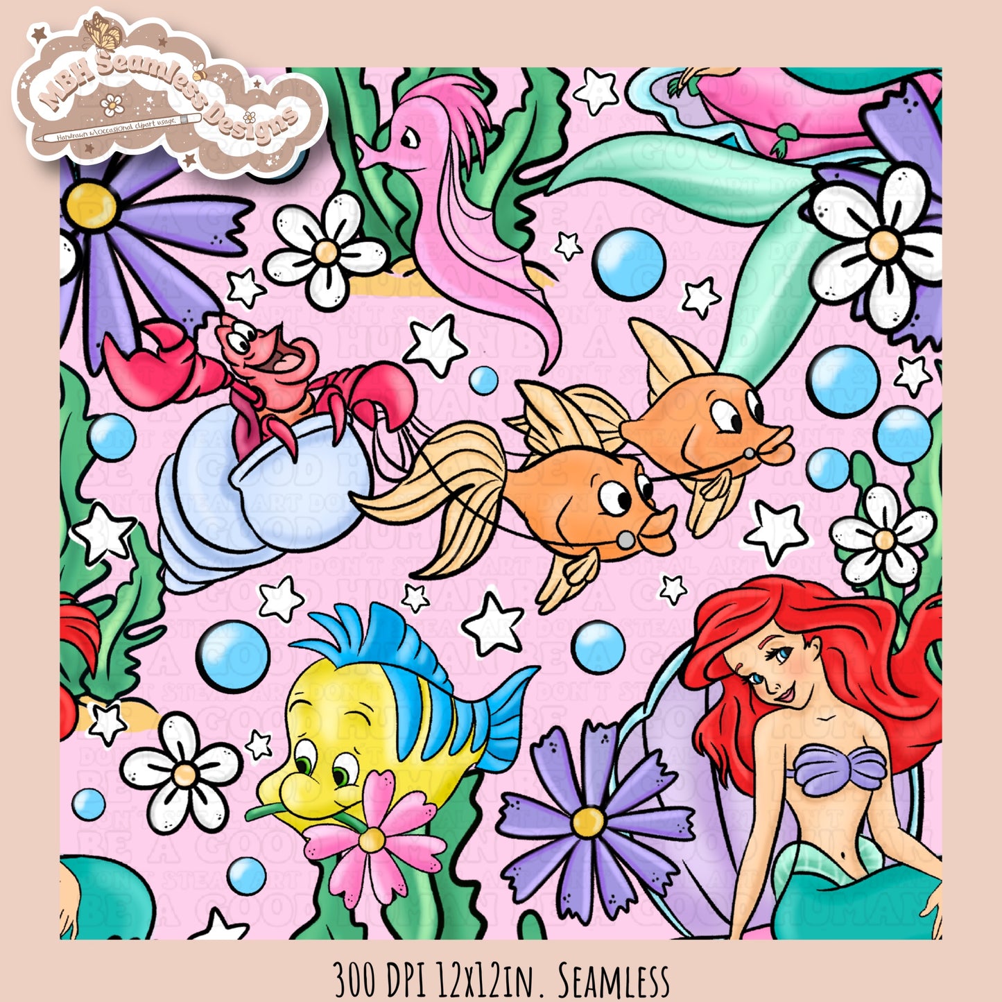 Little Mermaid Floral Seamless Pattern & PNG • MULTIPLE COLORWAY OPTIONS