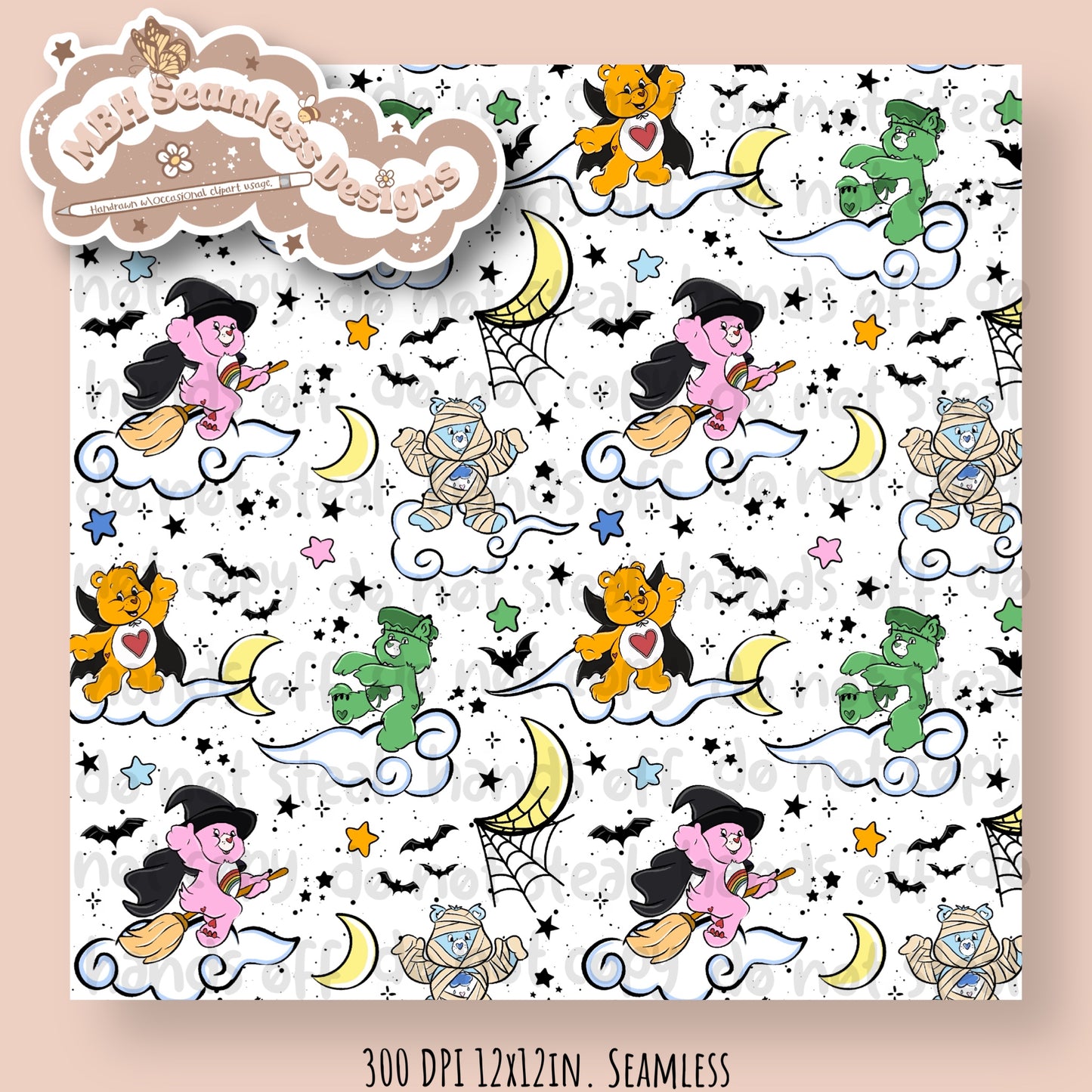 Spooky Care Bears Seamless Pattern & PNG MULTIPLE COLORWAYS