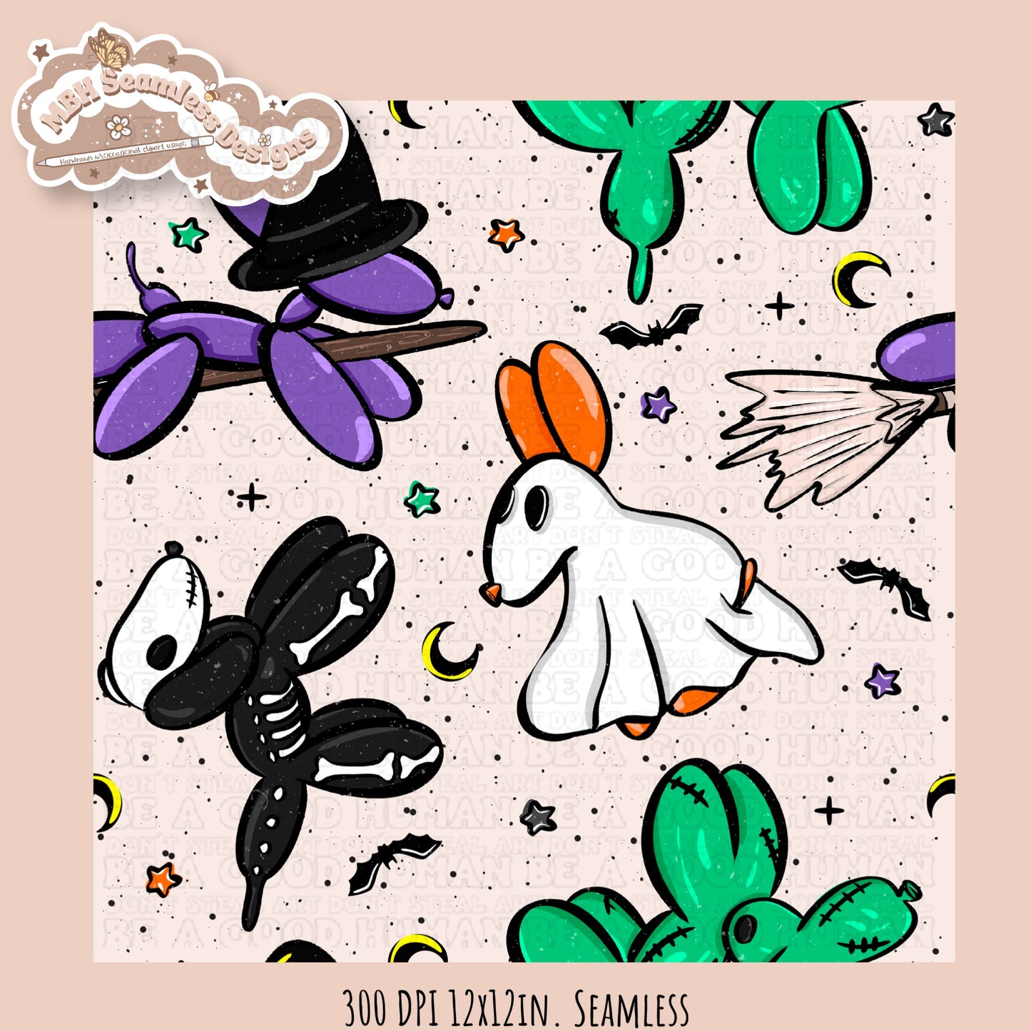 Halloween Balloon Dogs Seamless Pattern // PNG // Assorted Colorways