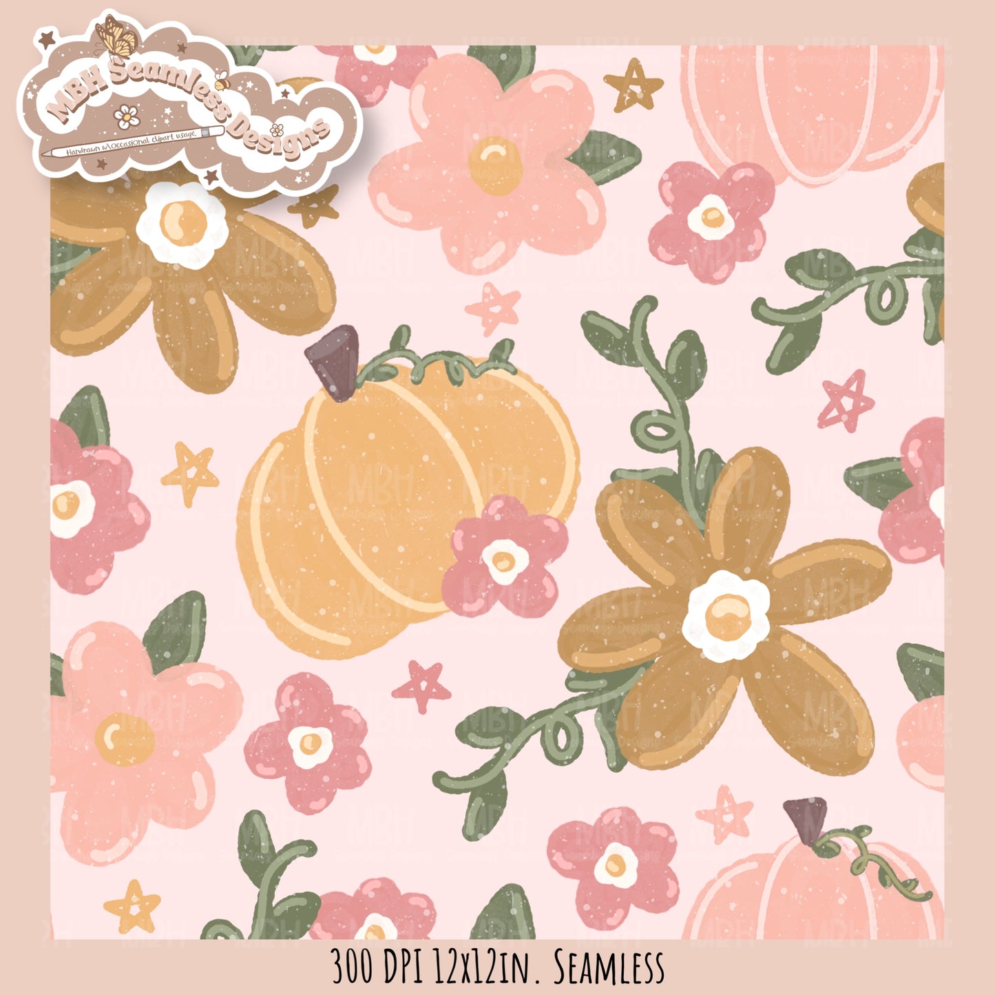 Dusty Fall Floral Pumpkins Seamless Pattern•Multiple Colorways
