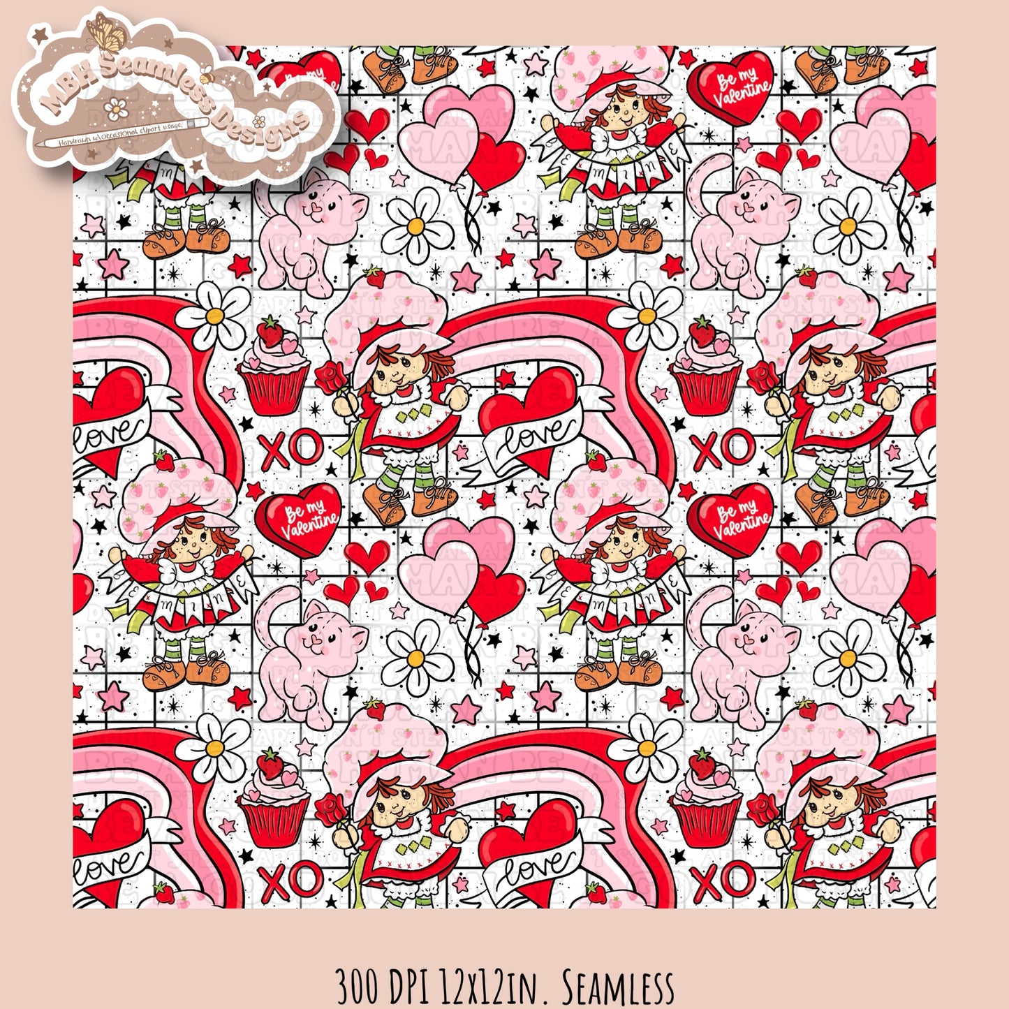 Strawberry Shortcake Valentine Seamless Pattern Multiple Colorways