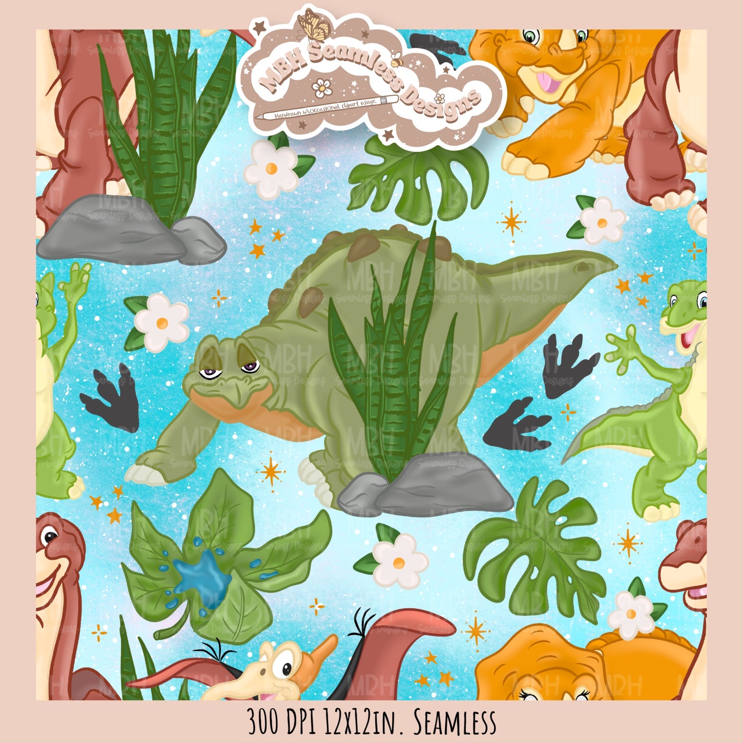 LBT Daisy Dinosaurs Seamless Pattern // Multiple Colorway Options