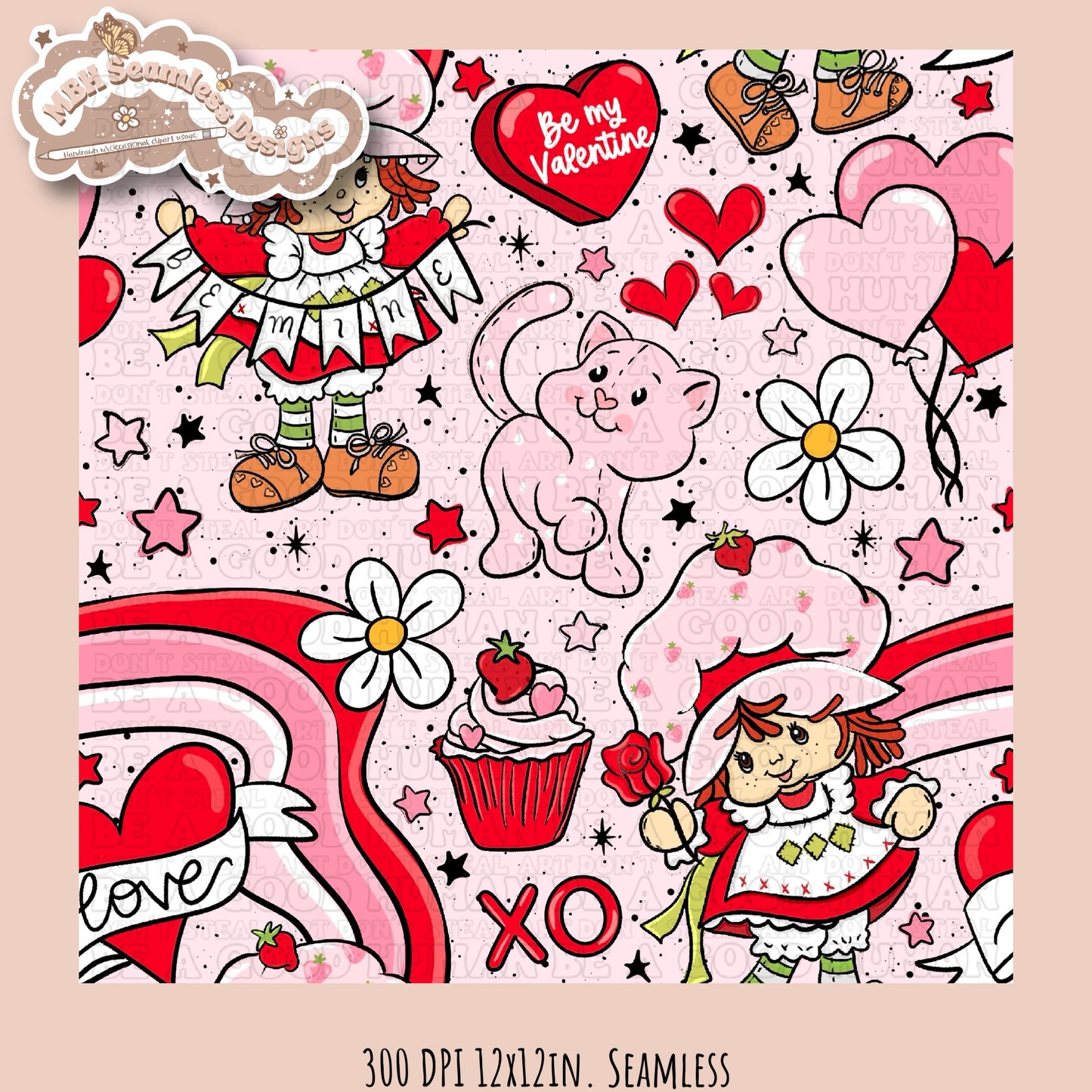 Strawberry Shortcake Valentine Seamless Pattern Multiple Colorways