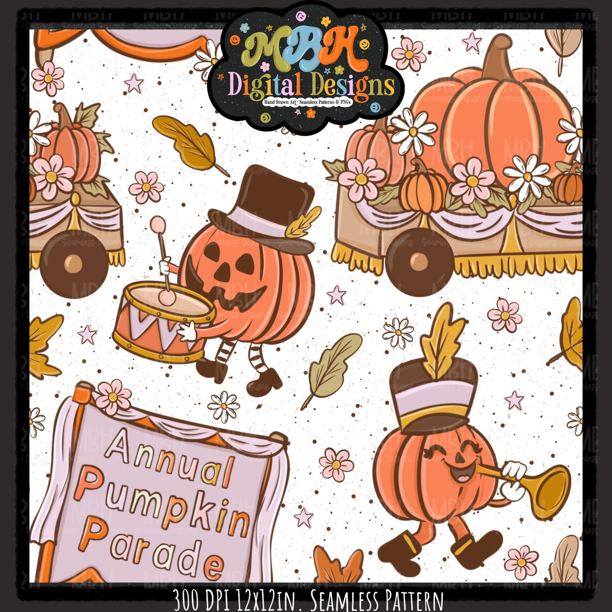 Boho Pumpkin Parade Seamless Pattern// PNG// MULTIPLE COLORWAYS
