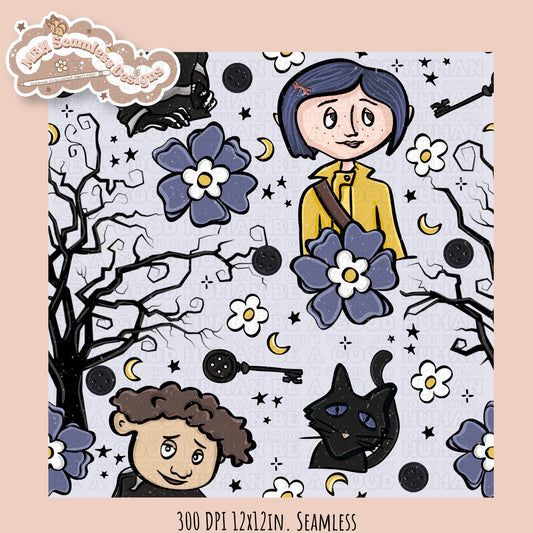 Bohemian Floral Button Eye Girl Seamless Pattern // PNG // Assorted Colorway Options
