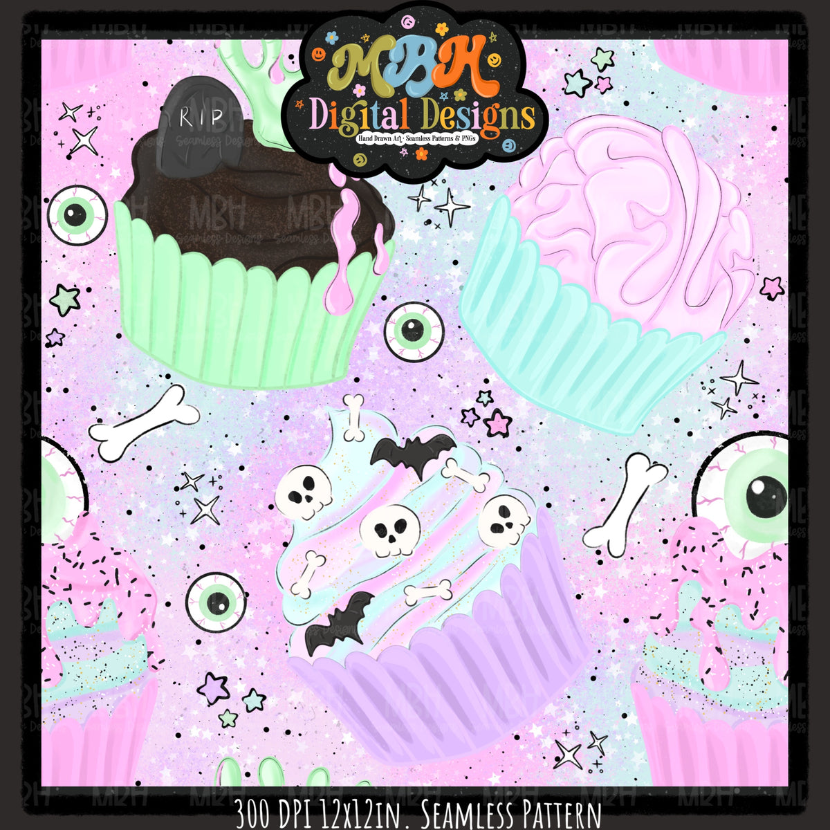 Pastel Creepy Cupcakes Seamless Pattern // PNG // MULTIPLE COLORWAYS