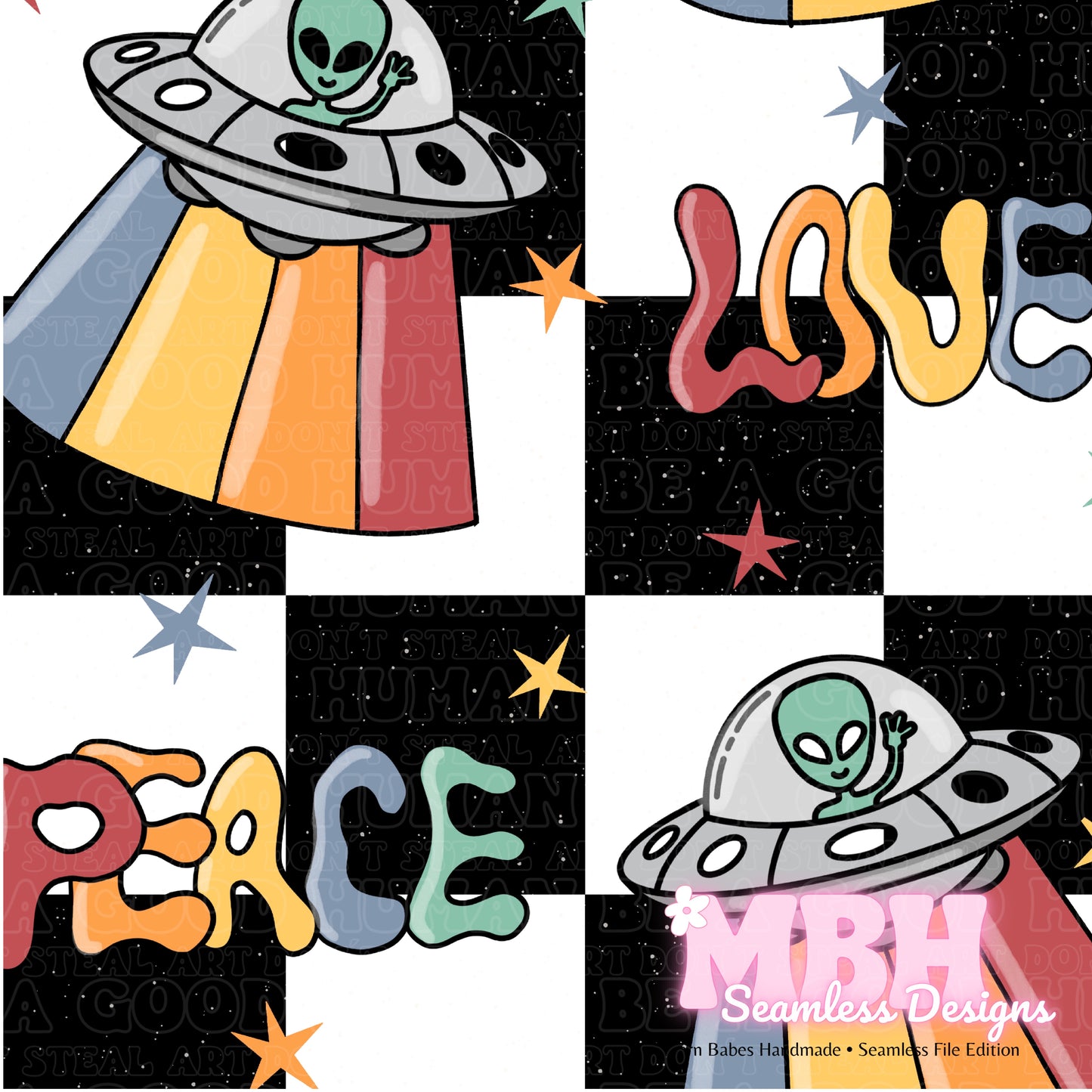 Alien Love and Peace ASSORTED COLORWAYS Seamless Pattern