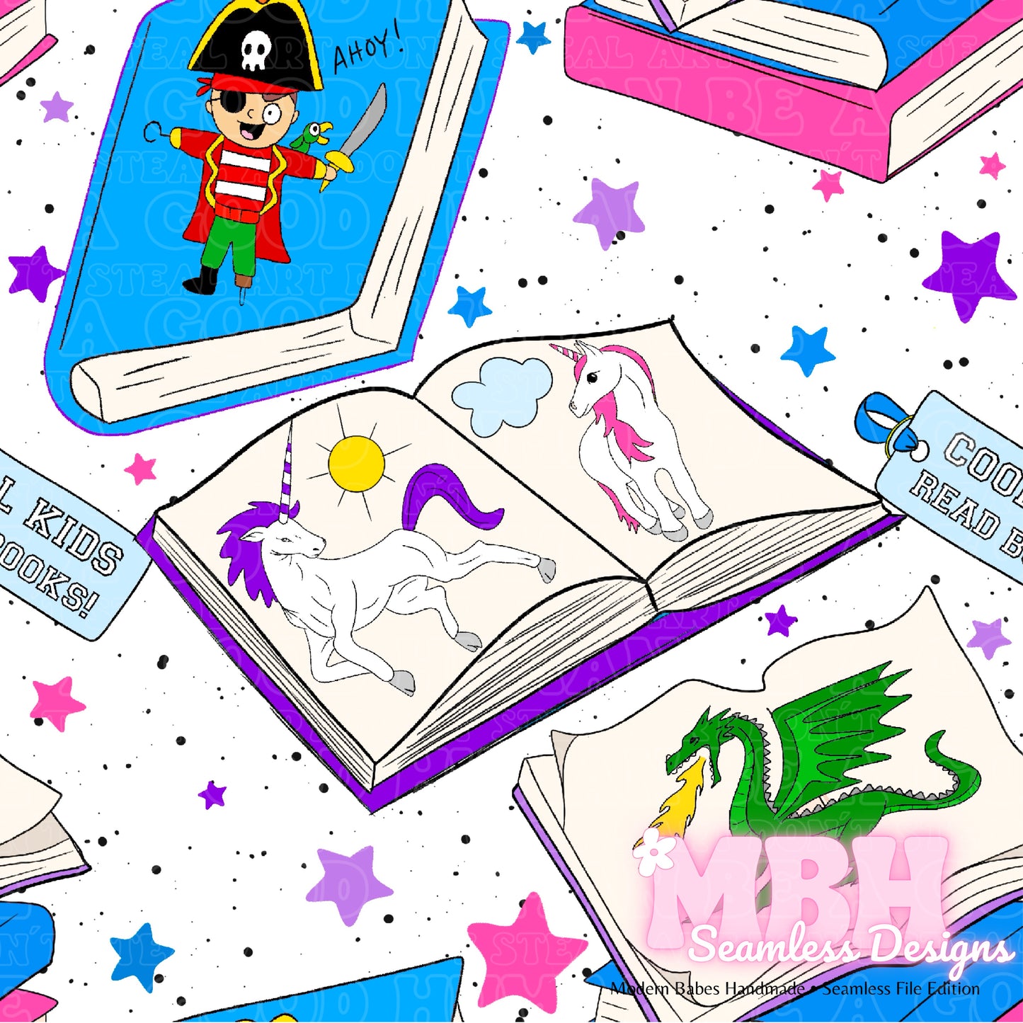 Starry Fantasy Books Seamless Pattern