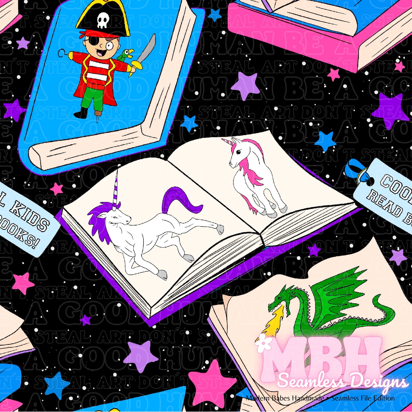 Starry Fantasy Books Seamless Pattern