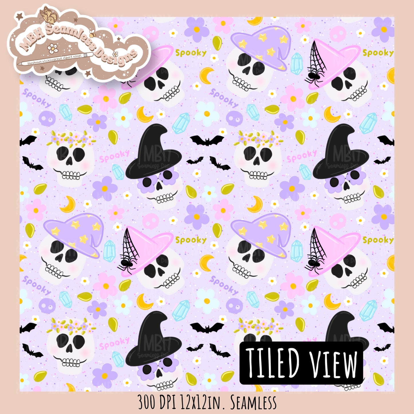Boho Spooky Skulls Seamless Pattern // PNG // Assorted Colorway Options