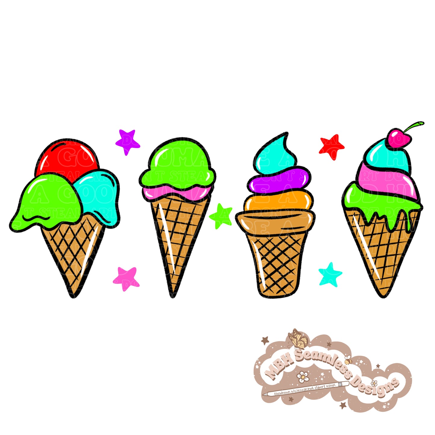 Neon Ice Cream Cones SAFE SWIM Seamless Pattern & PNG MULTIPLE COLORWAYS