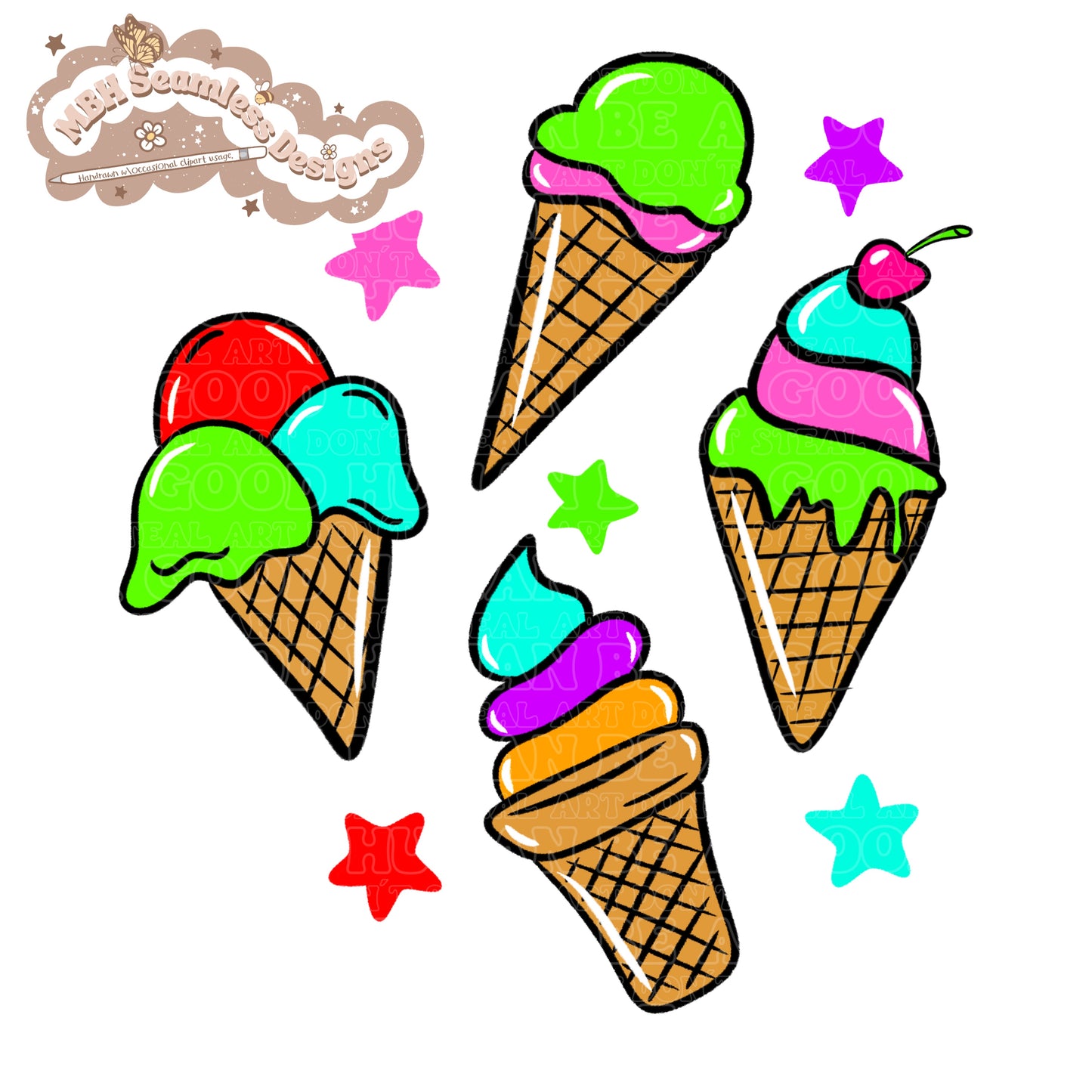 Neon Ice Cream Cones SAFE SWIM Seamless Pattern & PNG MULTIPLE COLORWAYS