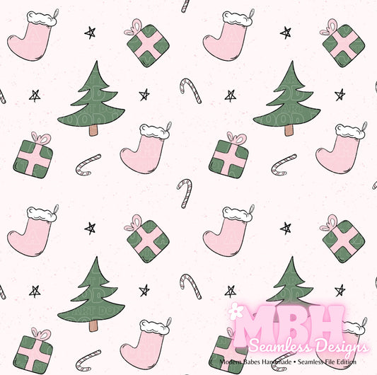 Boho Pink Green Xmas Seamless Pattern