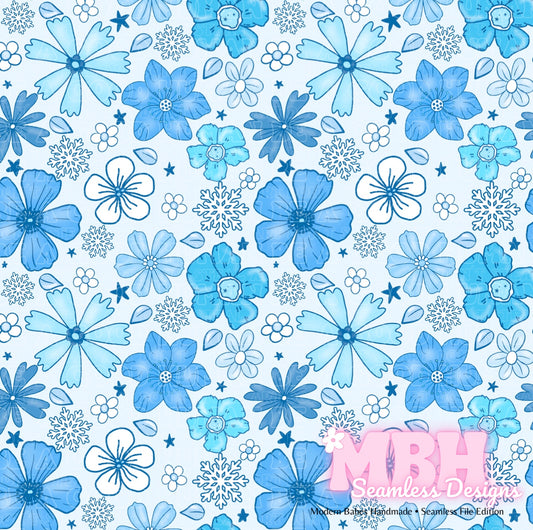 Winter Ice Blue Floral Seamless Pattern