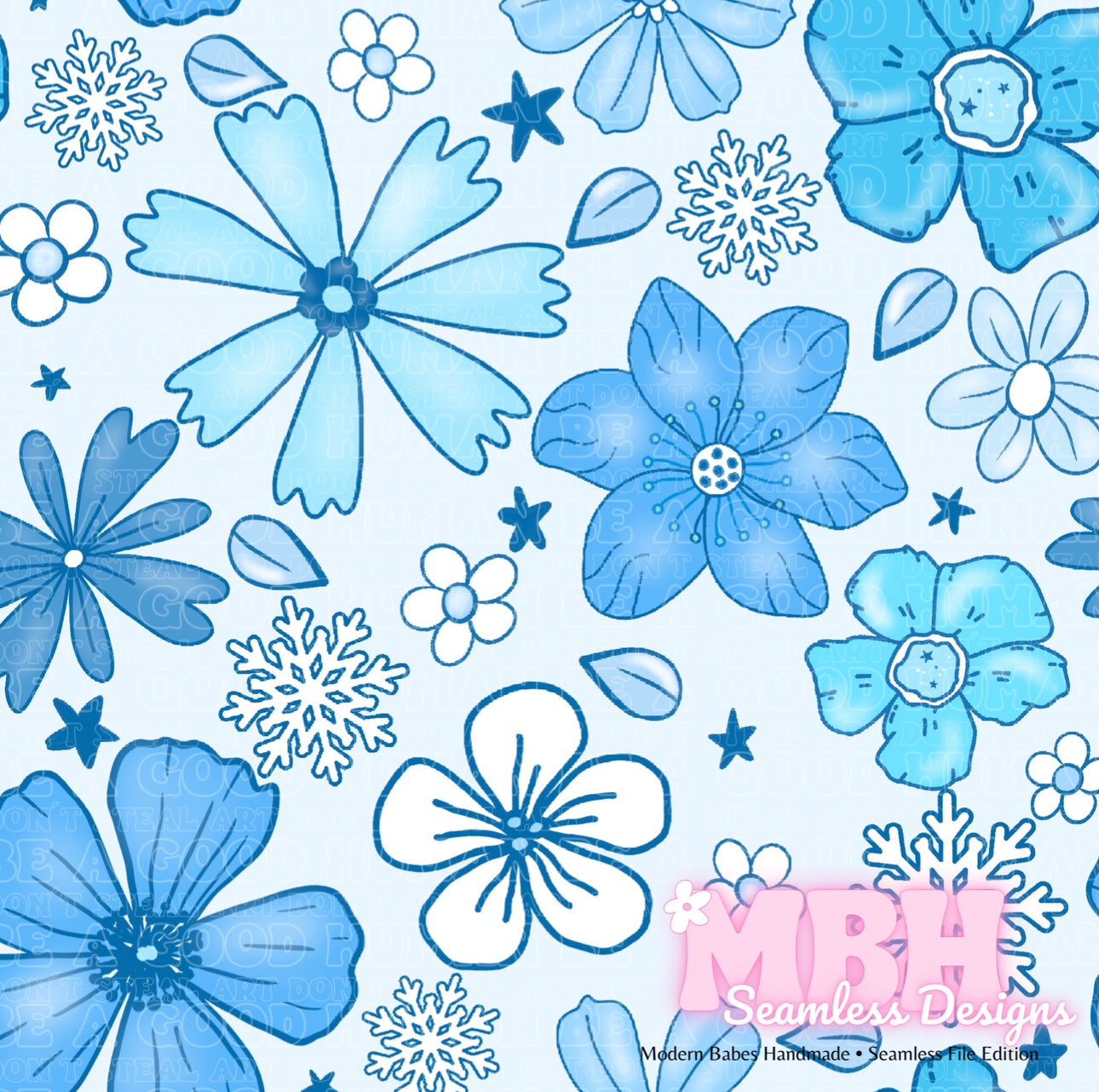 Winter Ice Blue Floral Seamless Pattern